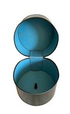 Vintage Round Black Blue Satin Finish MidCentury Hat Box Case Zipper Luggage