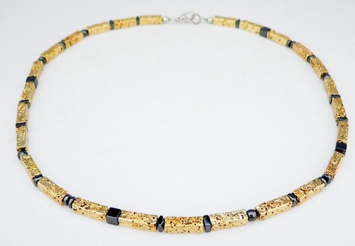 Halskette Edelstein Rechteck Lava goldfarben glänzend Hämatit schwarz 227j - Bild 7 von 18