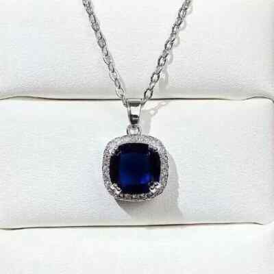 4CT Pendant Necklace for Women's 14K White Gold Plated Cushion Cut Blue Sapphire