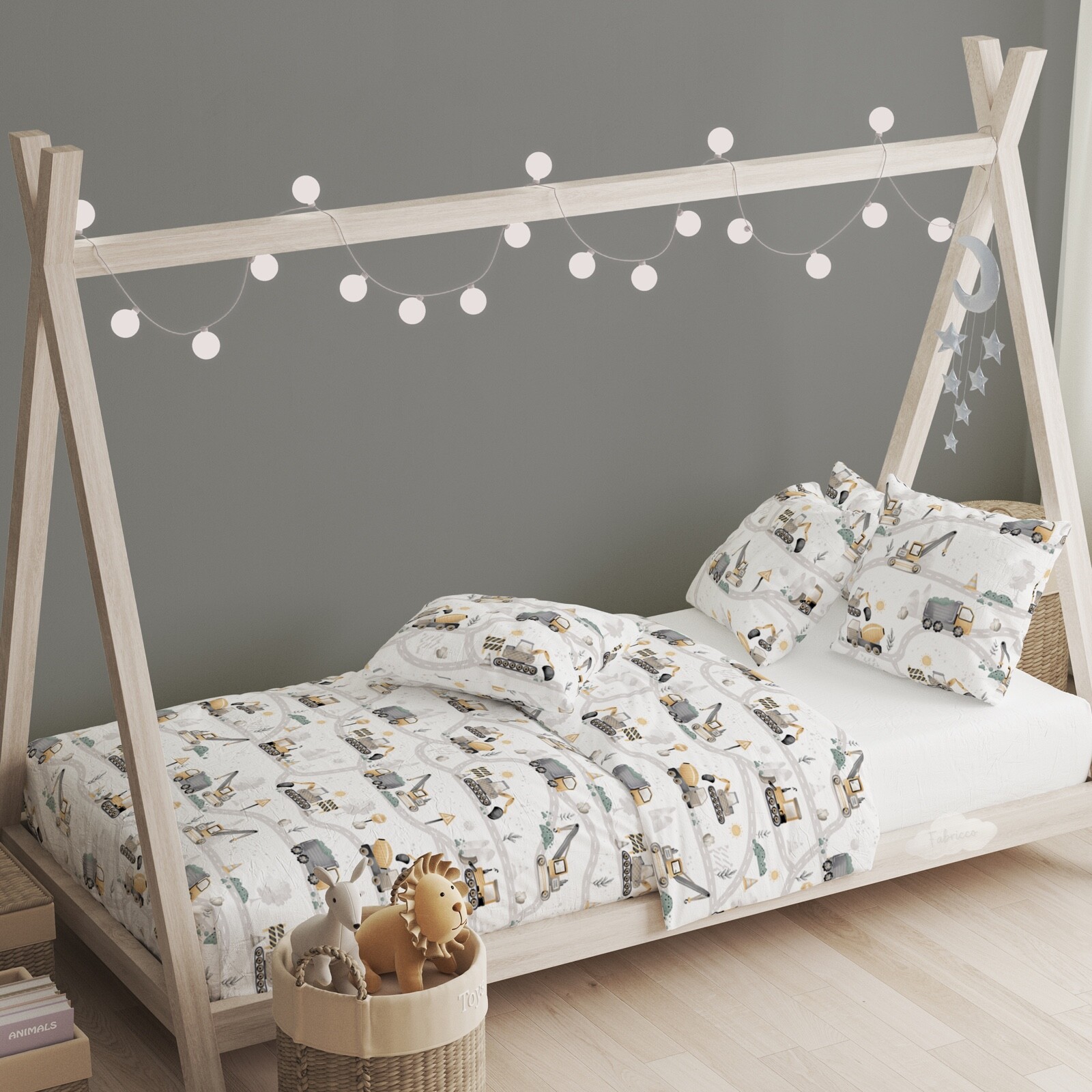 Lettino per bambini scavatori ragazzi, set biancheria da letto per bambini costruzione, puro cotone
