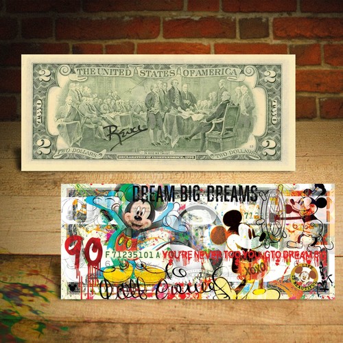 Mickey Mouse 90. Geburtstag Original 2 $ US-Schein Pop Art - handsigniert von Rency - Bild 1 von 2