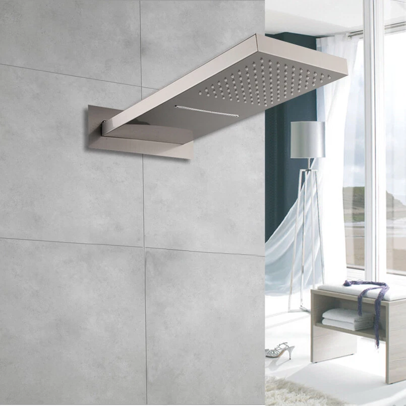 Brushed Nickel 20" Rectangle Shower Head Rainfall Waterfall 2 Functions Mixer