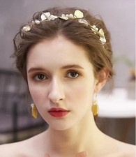 Pearl Crystal Bridal wedding Gold leaf Tiara  Earrings set Wreath Vintage Crown