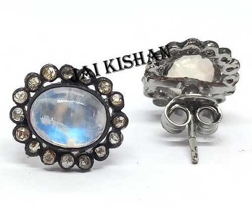 Rainbow Moonstone Gemstone Pave Diamond 925 Sterling Silver Victorian Earring - Picture 2 of 9