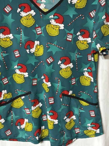 Grinch Women’s Large Green Christmas Print V-Neck Short Sleeve Scrubs Dr. Seuss - Picture 2 of 8