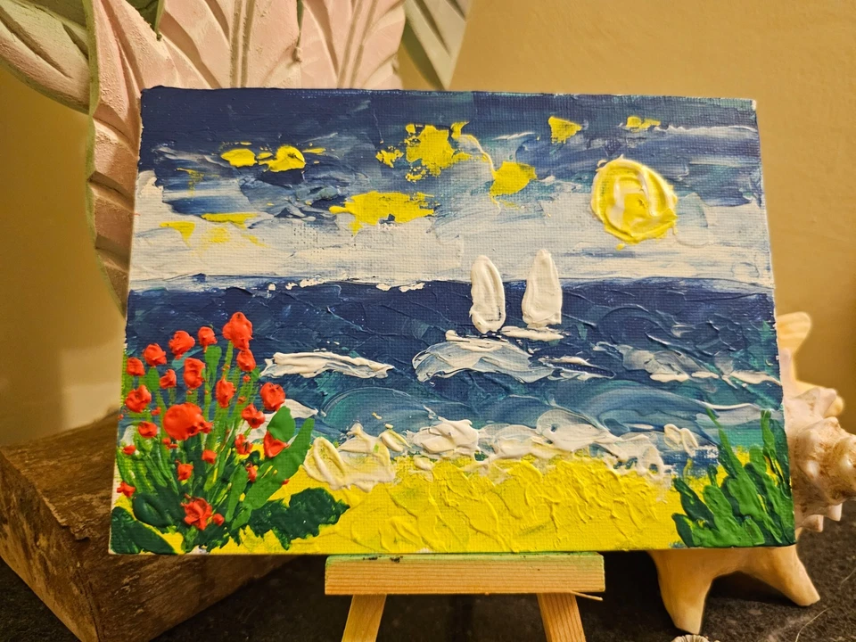 Hermosa idea de regalo pintura acrílica paisaje costero Impasto original 3D Foto 3 de 4