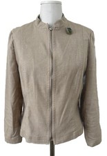 Chico's 1 Women's Linen Blend Jacket Size 8 10 Zip Front Brooch Stand Up Collar
