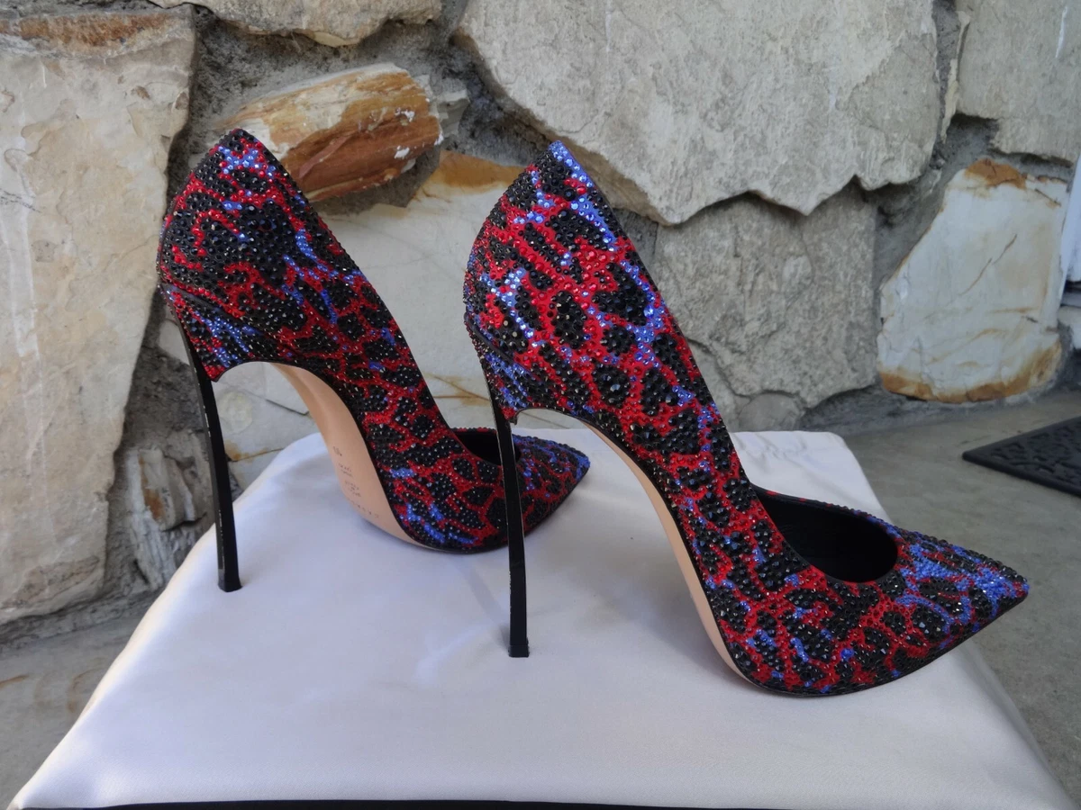 Casadei Skyhigh Blade Crystal Strass Red Multicolor Pumps EU Size 10