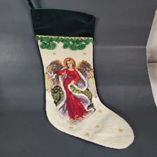 Wool Cross Stitch Christmas Stocking Angel Bow  Green Velvet Back Tassle Vtg
