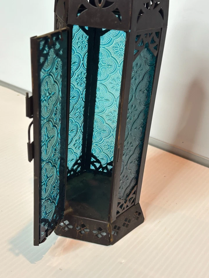 Linterna colgante marroquí de vidrio azul incienso palo quemador difusor soporte metal Foto 2 de 4