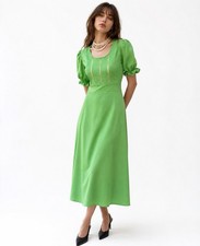 Vintage 70s Dress Maxi Lace Puff Sleeve Feminine Romantic Garden Party Green S