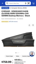 Corsair Vengeance 64GB(2 x 32GB) DDR5-5200 PC5-41600CL40  CMK64GX5M2B5200C40 