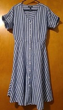 Chaps Blue & White Striped Linen Cotton Button-up V-neck Maxi Dress Preppy Large