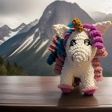 Handmade crochet Unicorn stuffed plush toy white w/ pink purple blue mane small