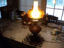 Vintage Fenton Amber Glass Hurricane Lamp Cherub Angel Baby Face GREAT COND