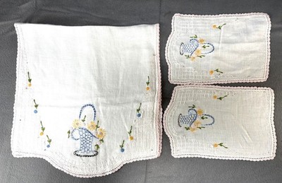 Hand-Embroidered Table Linens Floral Basket & Lace Trim Set 3 Vintage