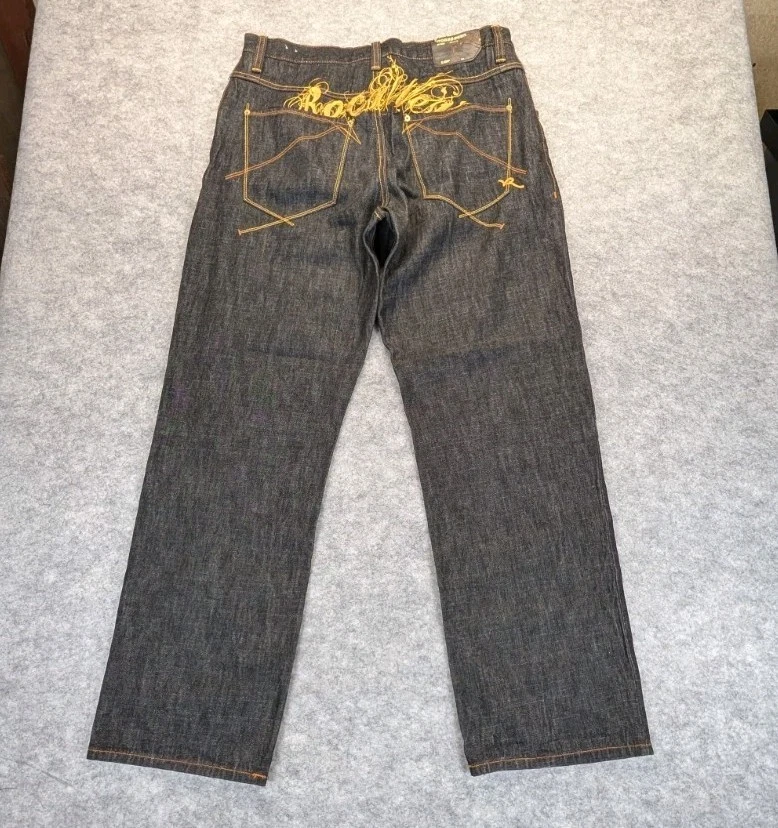 Rocawear Jeans Mens 36 Black Denim Embroidered Hip Hop Rap Jay Z Street - Image 2 of 4