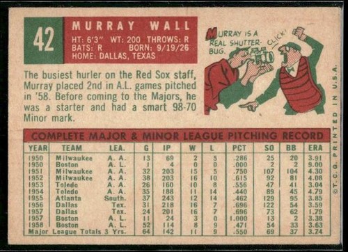 Murray Wall 1959 Topps #42 - Imagen 2 de 2