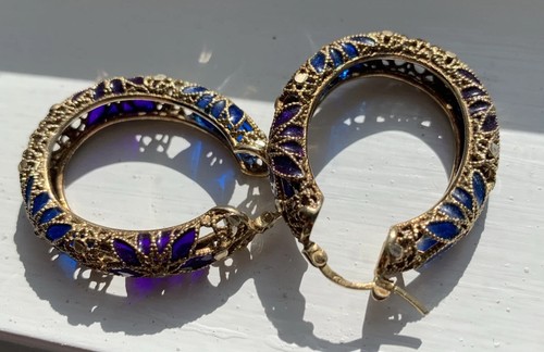 Floral 925 Sterling Silver Hoop Gold Vermeil Earrings Filigree Dyadema Enamel - Picture 7 of 13