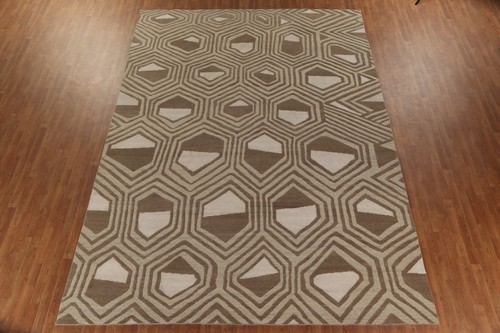 Handgefertigter Beige Geometrischer Wollteppich Groß Abstrakt Wohnzimmerteppich 10x14 Fuß - Bild 15 von 20
