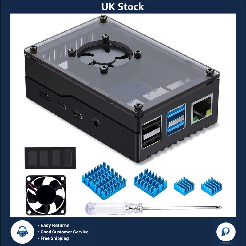 Visible Acrylic Case for Raspberry Pi 4B Quiet Fan & Aluminum Heatsink 1 Pack