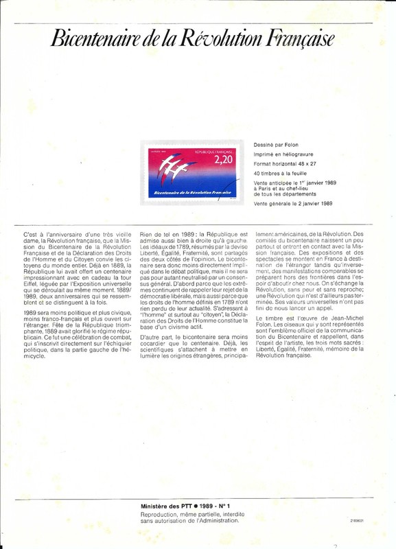 France 1989 Information Pages (10) - no stamps