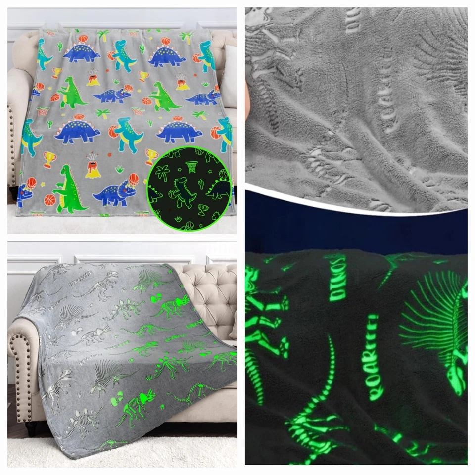 Mantas de dinosaurio que brillan en la oscuridad manta de franela para niños Foto 2 de 4