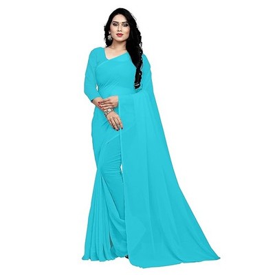 Sidhidata Damen Georgette Sari mit unbesticktem Blusenteil Himmelblau 1 Stück