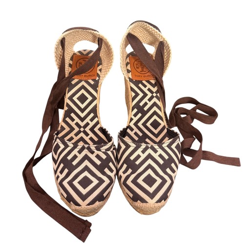 Tory Burch Wedge Espadrille Lace Up Ankle Strap Size 38 Geometric Print Canvas - Picture 3 of 12