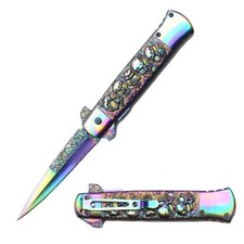 Black Rainbow Embed Skull Handle Blade Spring Assisted Open Assist Pocket Knife