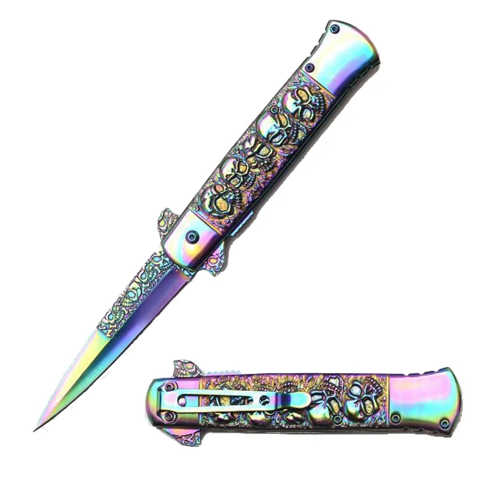 THE X BAY Black Rainbow Embed Skull Handle Blade Spring Assisted Open Assist Pocket Knife
