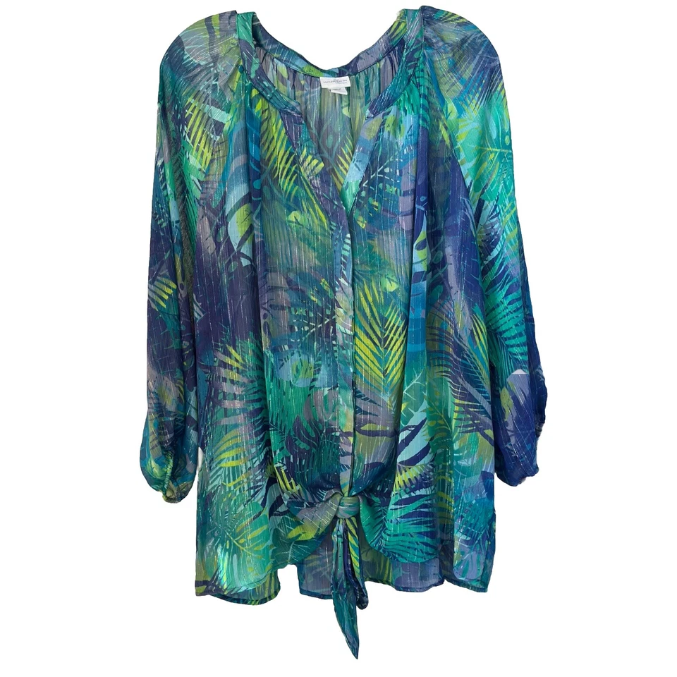 Camiseta de corbata JACLYN SMITH talla 3X hojas de palma volantes transparentes manga 3/4 abotonada Foto 2 de 4