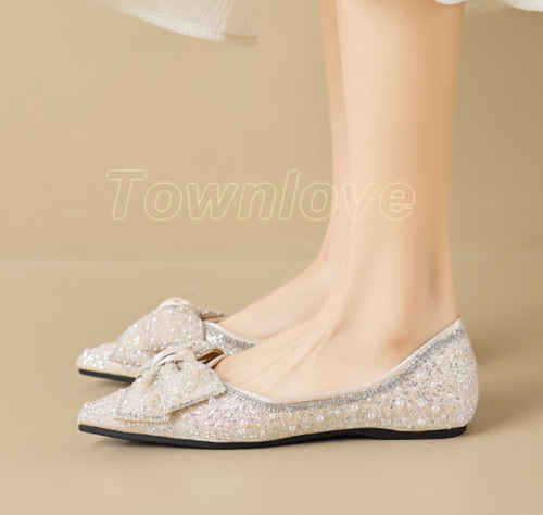 Damen Spitz zulaufend Strass Schleife Knoten flach Hochzeitsschuhe Halbschuhe Party Sandalen - Bild 8 von 13
