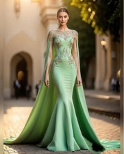 Green Lace Evening Gowns Satin Split Long Sleeve Mermaid Party Dresses Victoria