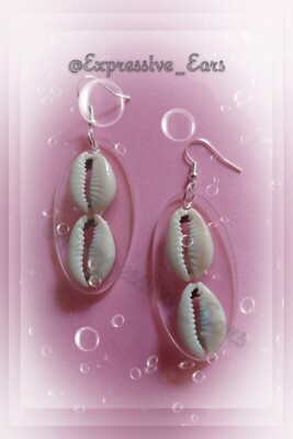 Unique   5cm Clear acrylic oval  Statement Cowrie Shell  Earrings - By Bee's Ex