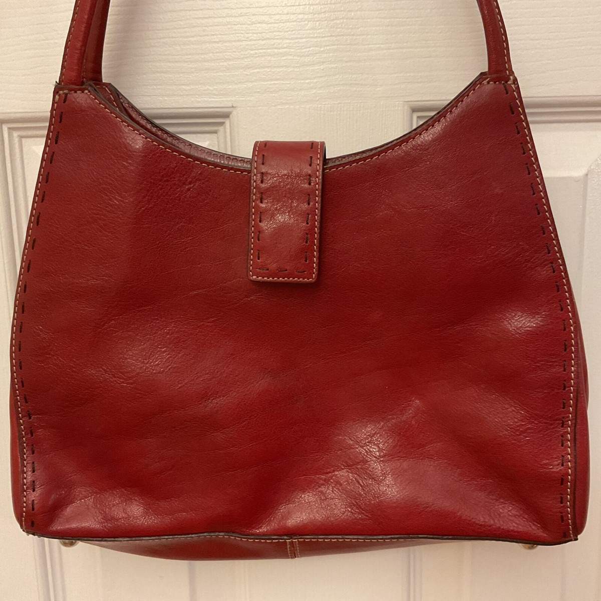 VTG Fossil Red Leather Shoulder Handbag Lined Logo ZB9098