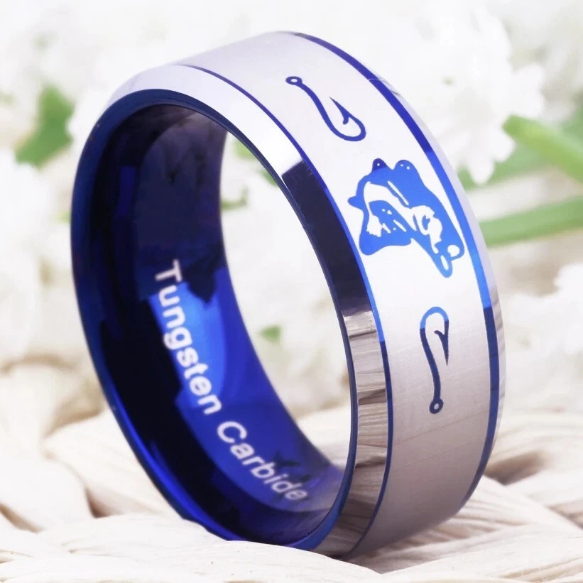 Anillo biselado de carburo de tungsteno con diseño de peces y anzuelos de pesca de 8 mm para hombres y mujeres Foto 4 de 4