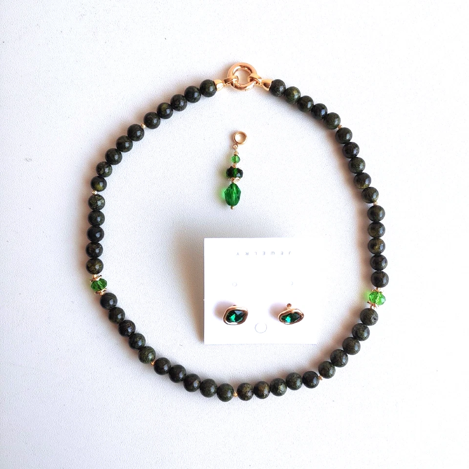 New Set Necklace natural gemstone Serpentine hypoallergenic Earring Gold Plated  — 第 4/4 张图片