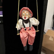 Rare Circus Clown String Marionette Puppet on Swing Porcelain Head 22"