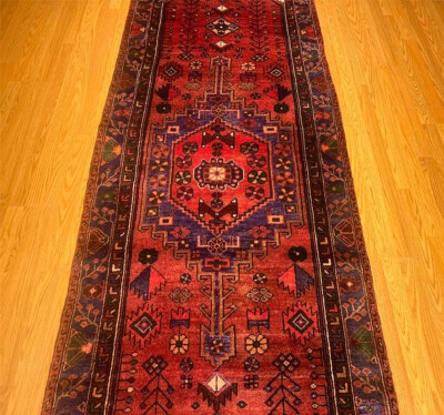 3.7 x 9.9 Handmade Antique One Of A kind Heris Hallway Runner. Natural Dyes Wool