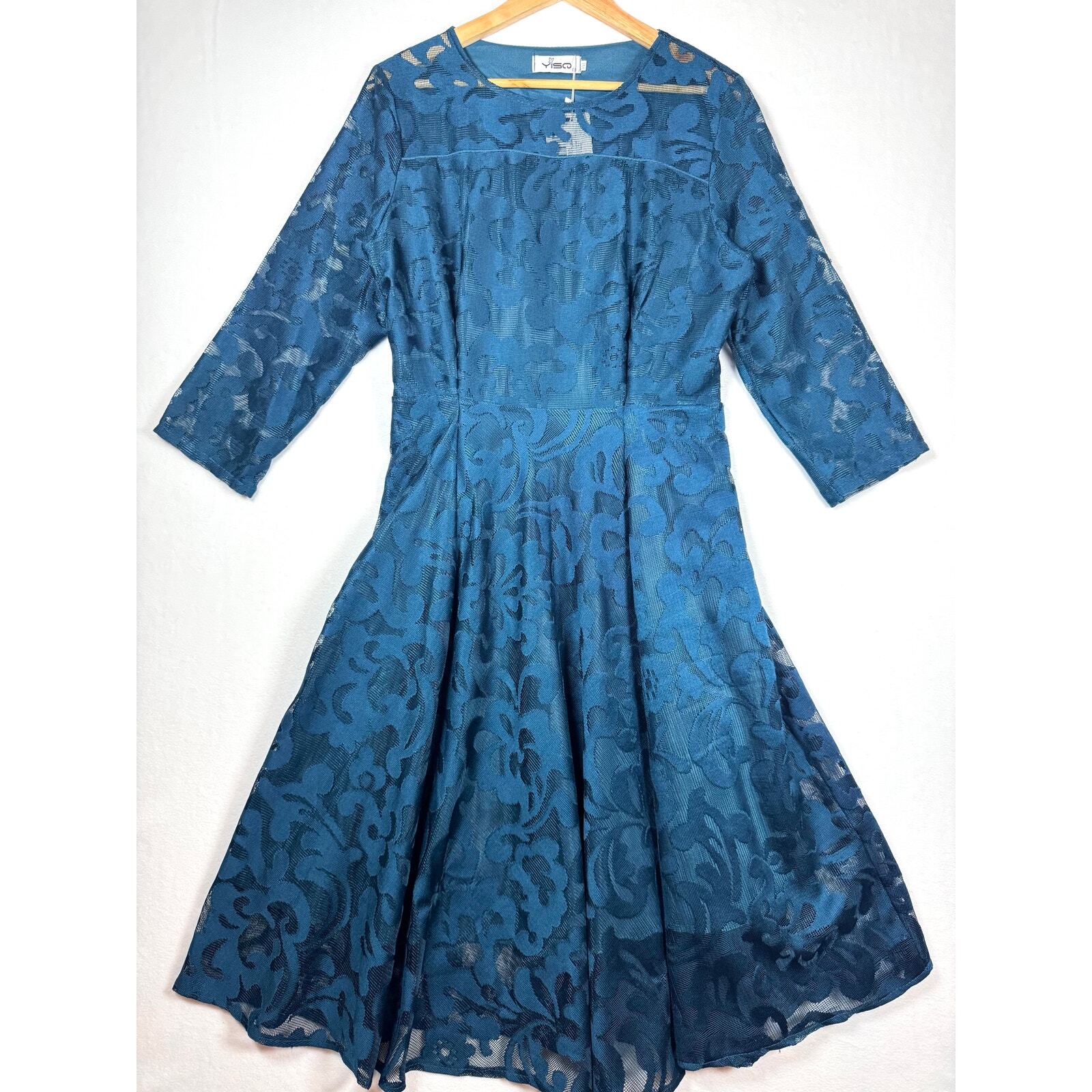YISO Plus Size Teal Lace 3/4 Sleeve Fit Flare Semi Formal Dress 5XL