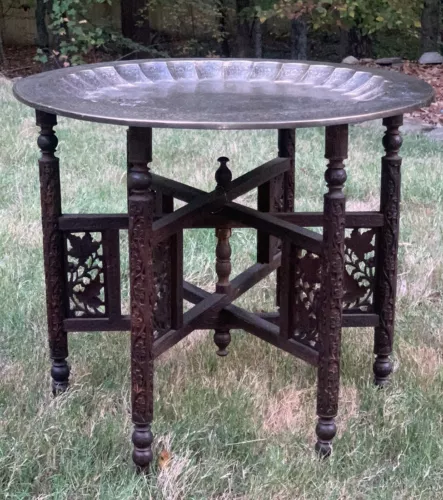 VTG Moroccan Brass 23”Diam Tray Table W/Carved Wood Foldable Base 20.75”T