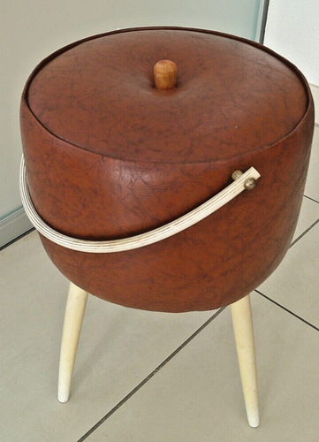 Nähkästchen Nähkasten Kästchen Korb rund braunes Lederimitat weiße Füßchen + Hen - Bild 4 von 17