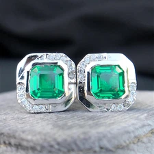 Men's Cufflink 14K White Gold Plated Silver Asscher Lab Created Green Emerald