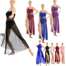 Women Lyrical Dance Dress Overlay Mesh Sheer Split Leotard Flowy Dancing Costume