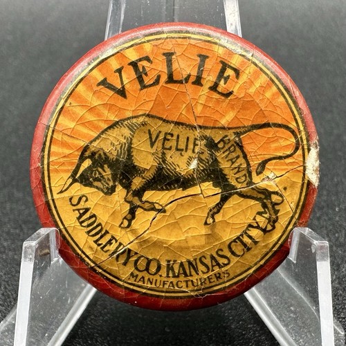Antique 1896 Velie Brand Saddlery Co Pinback Button John Deere Vintage Old 1900s