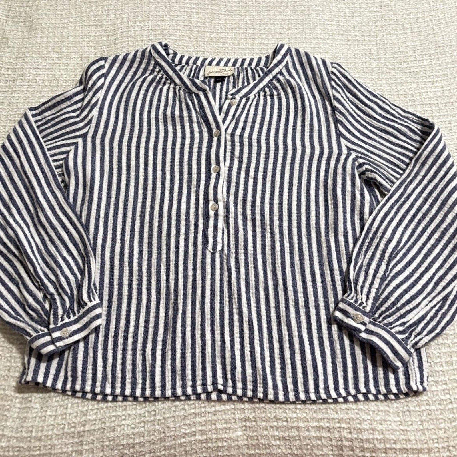 Universal Thread Striped Cotton Blouse M Blue Whi… - image 1