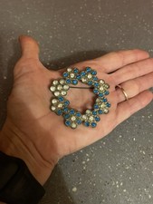 Vintage Costume Brooch/Pin Blue Rhinestones Silver-Tone Metal Wreath