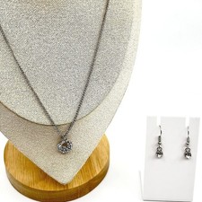 Vintage Rhinestone Necklace Earring Set Silver Tone Open Circle Pendant Drop Y2K