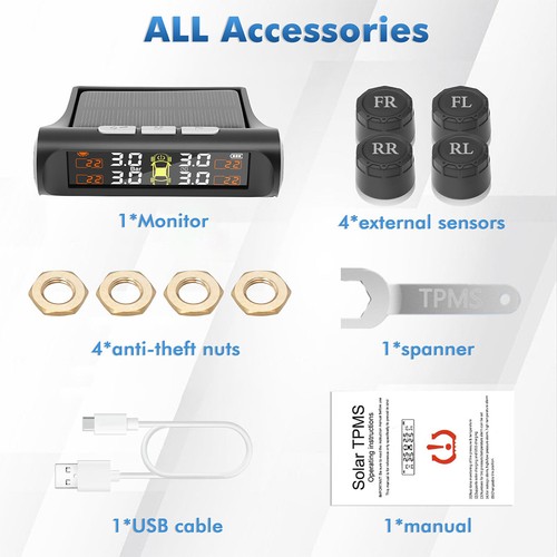 Wireless Solar TPMS LCD Car Tire Pressure Monitoring System W/4 External Sensors - Picture 9 of 12